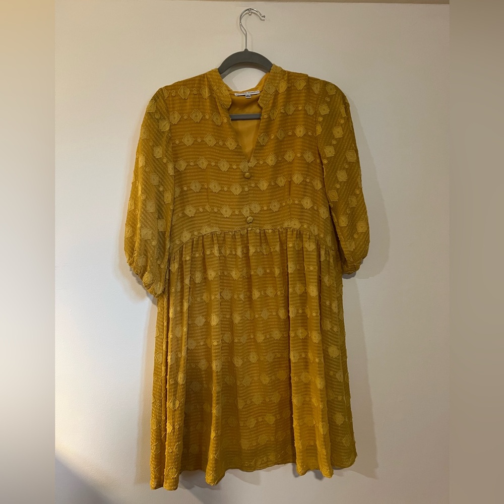 Sandra Darren Yellow Pleated Puff Sleeve Sundress